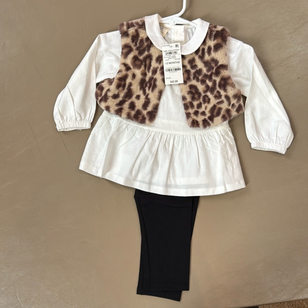 Baby girl 12 month Pants, animal print vest, & long sleeve shirt (3pc set)